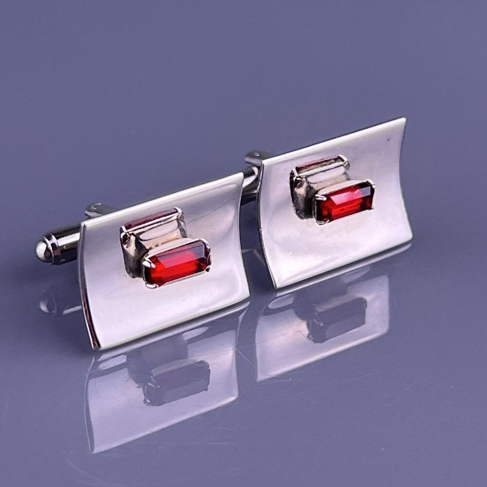 Simple Curved Red Rhinestone Cufflinks Silver Tone Polished Finish Plain Vintage